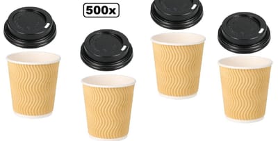 500x Koffiebeker dubbelwandig 177ml bruin + deksel zwart - Roer staafjes koffie beker melk suiker hout festival thema feest verjaardag werk lepel
