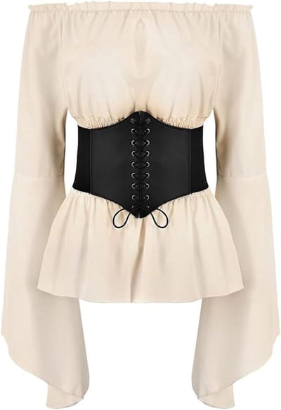 Gothic Steampunk Lange Mouwen Off Shoulder Corset Top met Riem voor Vrouwen - Victoriaanse Renaissance Kostuum