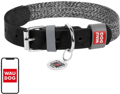 Waudog Hondenhalsband Gemaakt Van Echt Leder En Gerecycled Materiaal Met Qr-Code