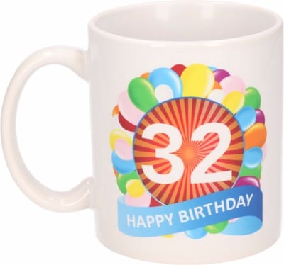 32 jaar Verjaardag koffiemok - cadeau beker - feestelijke ballonnen print - 300 ml - keramiek - wit
