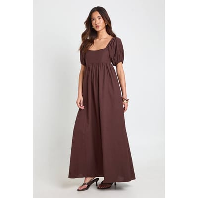 boohoo Dames Linnen Maxi Jurk Met Pofmouwen En Gerimpeld Lijfje | Chocoladebruin | Maat: 36