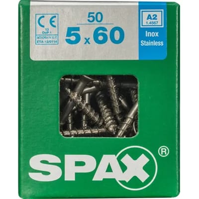 Spax Spaanplaatschroeven. RVS A2. Platkop. Torx T20. 5.0 x 50mm. lang. 50 stuks.