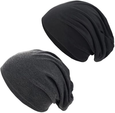 Set van 2 mutsen voor mannen en vrouwen, zachte nonchalante mutsen, elastische hoeden, slappe schedelmuts, chemo-mutsen, modieuze, lichtgewicht muts voor dagelijks gebruik, Zwart + Donkergrijs