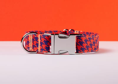 Halsband hond - Pied de poule honden halsband - Handgemaakt in Nederland - Oranje Paars | Maat L
