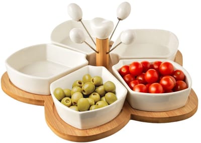 Orion Whiteline - Porseleinen Snackschalen - Wit - Bamboe Tray - 28,5 cm