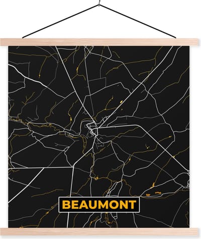 Posterhanger incl. Poster 40x40 cm - Schoolplaat - Goud - Kaart - Beaumont - Plattegrond - Stadskaart - Textielposter - Blanke latten - Stadskaart