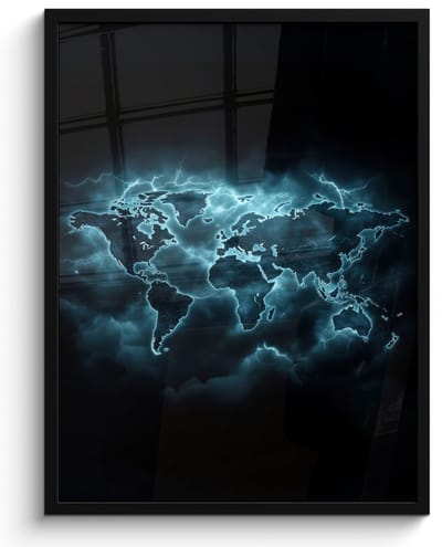 Poster in lijst - Fotolijst 60x80 cm - Posters - Wereldkaart - Bliksem - Blauw - Posterlijst zwart - Decoratie - Wanddecoratie woonkamer - Muurdecoratie slaapkamer