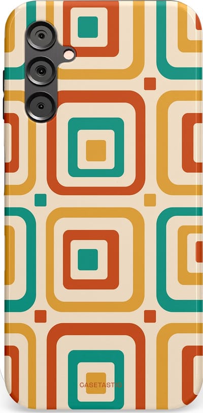 Casetastic hoesje geschikt voor Samsung Galaxy A14 (2023) 5G / Samsung Galaxy A14 (2023) 4G - Dubbellaagse bescherming - Retro Vierkant verlangen - Fashion Case - Crème Terracotta Goud Turquoise