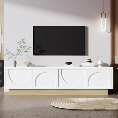 MODFU TV-Meubel - Greeploos Met Kabeldoorvoer - Minimalistisch - Voor Woonkamer - MDF - Wit Met Houtlook - 175 X 40 X 41,5 Cm