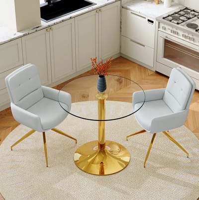 Set Tafel En Stoelen - Ronde Glazen Eettafel Met 2 Draaibare Stoelen - Voor Eethoek En Café - Metaal Kunststof - Goud Lichtgrijs Transparant