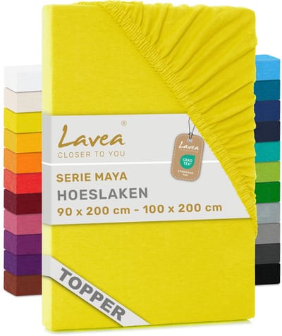 Lavea® Hoeslaken voor Topper/Topmatras 90x200 cm – 100% Katoen Jersey – Geschikt voor Topmatrassen tot 10 cm – Met Elastiek Rondom – OEKO-TEX Gecertificeerd – Zonnegeel