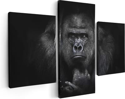 Artaza Canvas Schilderij Drieluik Gorilla - Zwart Wit - 90x60 cm - Wanddecoratie Woonkamer - Schilderijen - Muurdecoratie