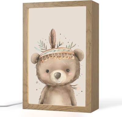 Nachtlampje 20x30 cm - Kinder lampje - Beer - Boho - Indianentooi - Dieren - Tafellamp kinderkamer - Slaapkamer lamp - Bedlamp kinderen - Kinderlampje stopcontact - Wandlamp babykamer - Nachtlampjes