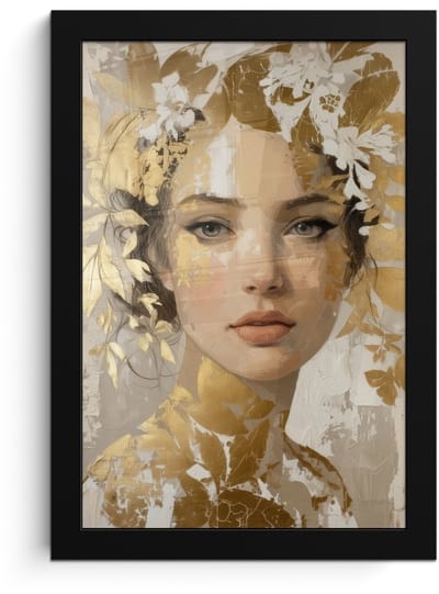 Poster in lijst - Fotolijst 20x30 cm - Posters - Gezicht - Vrouw - Bladeren - Goud - Posterlijst zwart - Decoratie - Wanddecoratie woonkamer - Muurdecoratie slaapkamer