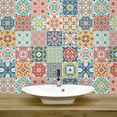 Zelfklevende tegelmuurstickers voor keuken en badkamer - 9 cementtegelstickers, Azulejos Patricio-stijl - 9 stickers, 10x10 cm