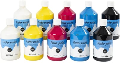 Plakkaatverf Primaire kleuren | Tempera Verf set | Poster Paint voor kleurmenging | Waterbasis | 10 x 500 ml | 1 doos