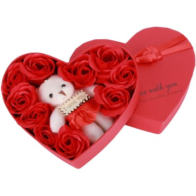 Kunstbloem Roos met Beren Cadeaubox Zeepbloemen voor Verjaardag Valentijnsdag Rood rood