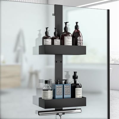 Florixa® Doucherek aan Douchewand - Hangend Badkamerrek – Deurrek Met Mandjes – Zwart -10cm x 26cm x 64cm