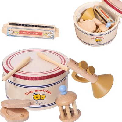 Montessori Muziekinstrumenten voor Peuters – 5-delige Houten Muziekspeelgoed Set met Trommel, Rammelaar, Trompet & Castagnetten – Creatieve Muziektafel – Educatief & Duurzaam Speelgoed voor Kinderen – Leuk Cadeau voor Sinterklaas, Kerst & Verjaardag