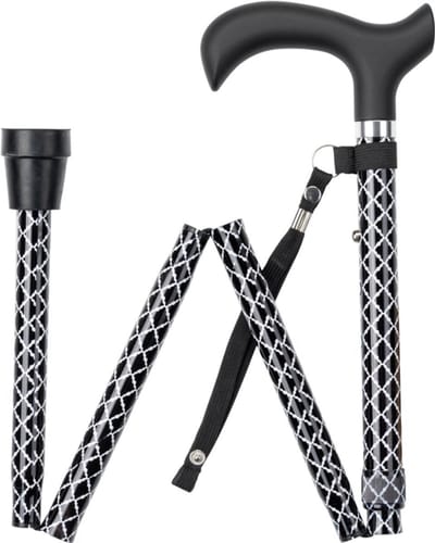 Wandelstok opvouwbaar zwart met Ruitjes met ergonomisch comfort handvat en polsbandje - Loopstok - Verstelbaar 82 - 94 cm - Lichtgewicht
