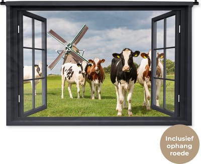 Wandkleed - Wanddoek - Doorkijk - Koe - Molen - Koeien - Weiland - Gras - Groen - 120x80 cm - Wandtapijt