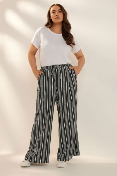 Yours Broek Met Strepenprint Met Textuur En Wijde Pijpen In Zwart Size 42