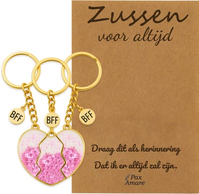 BFF Sleutelhanger voor 3 'Zussen voor altijd' - Magnetisch Glitter Hartje Roze - Sleutelhanger set op Cadeau Kaartje Sleutelhanger set - Goudkleurig - Vriendschap Symbool - Pax Amare