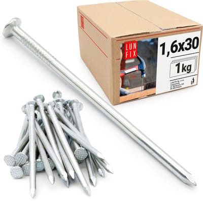 LUN FIX - Stahlnägel 1,6 x 30 mm - 1kg (ca.1900 stk.) - Onverzinkte bouwnagels - Nagels voor timmerwerk