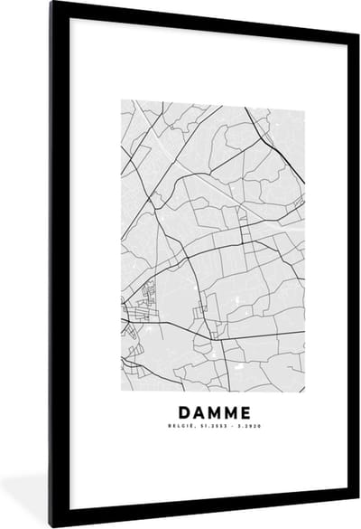 Fotolijst incl. Poster Zwart Wit- België – Damme – Stadskaart – Kaart – Zwart Wit – Plattegrond - 60x90 cm - Posterlijst