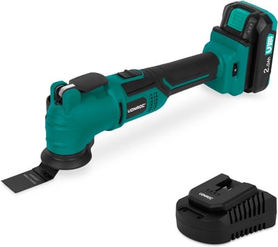 VONROC Accu Multitool 20V - met schraapmes, invalzaagblad, schuurzool en schuurpapier - 6 snel-heden: 7.000 - 19.000 rpm - Incl. 2.0Ah accu en snellader
