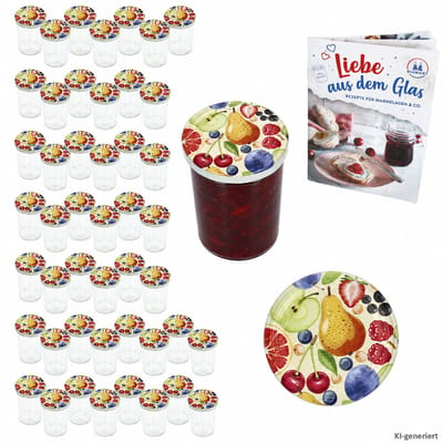 MamboCat 48-delige set sturzglas 435 ml met TO 82 schroefdeksel Comic-fruit I inmaakglazen + Diamant-suiker-receptenboek I voorraadglazen inmaken & conserveren