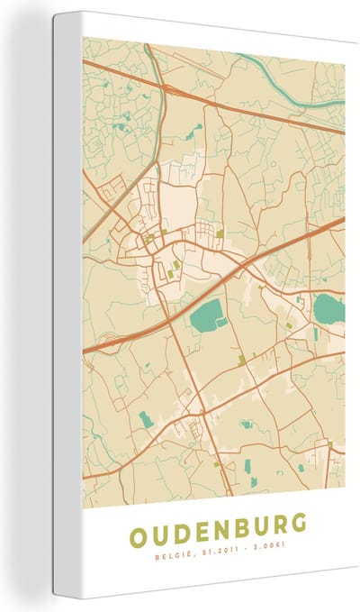 Canvas Schilderij Stadskaart - Oudenburg - Kaart - Plattegrond - België - 20x30 cm - Wanddecoratie