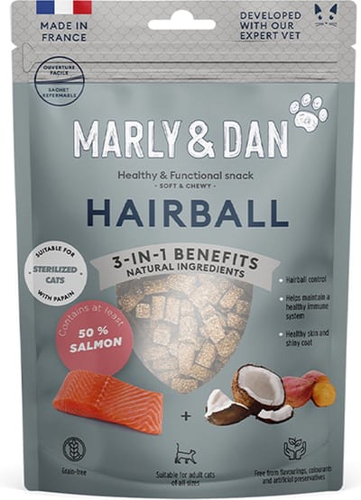 MARLY & DAN kattensnack 40 gr 3-in1 benefits - natuurlijke ingredienten - HAIRBALL - 45% zalm - geen toegevoegde suiker - granenvrij - vrij van smaak,kleur en kunstmatige bewaarmiddelen ook voor gesteriliseerde katten