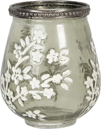 Clayre & Eef Theelichthouder Ø 9x11 cm Groen Wit Glas Bloemen