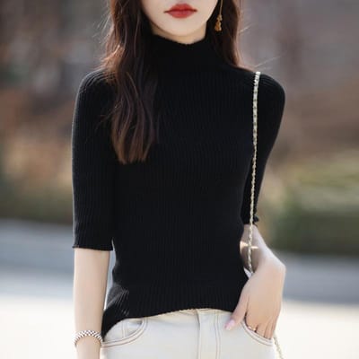 Koreaans Puur Katoen Trui met Halflange Mouwen voor Dames Zomer Halfhoge Hals Dunne Top Slank en Slank Binnen Pullover Eenvoudige Halflange Mouwen L black