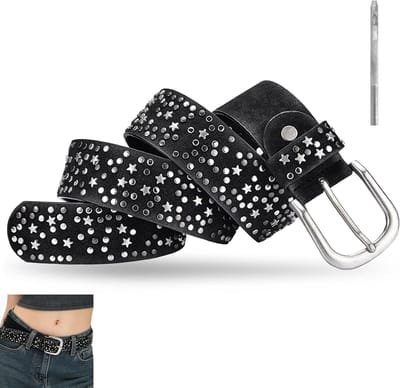 Vintage leren damesriem van 110 cm, breed 3,8 cm, met klinknagels, in te korten, perfect voor jeans en broeken
