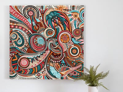 Line art aboriginal schilderij | Primitieve patronen en symbolen samensmelten tot dynamische aboriginal kunstwerk | Kunst - 20x20 centimeter op Dibond | Foto op Dibond