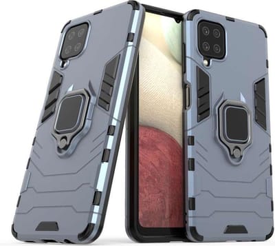 MobyDefend Hoesje - Geschikt voor Samsung Galaxy A12 / M12 - Dubbelgelaagde Pantsercase Met Standaard - Navy blauw