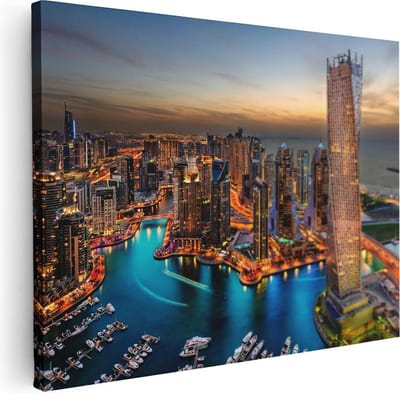 Artaza Canvas Schilderij Dubai Marina - 40x30 cm - Klein - Wanddecoratie Stad - Muurdecoratie Zonsondergang - Kamer Accessoires