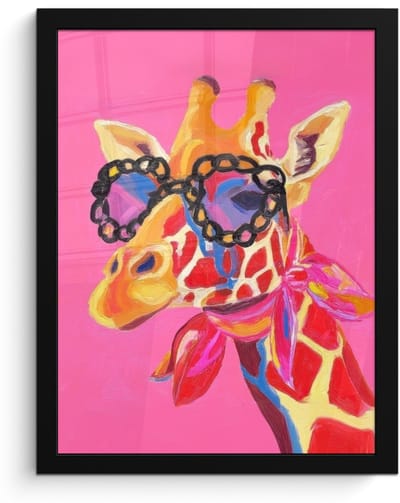 Poster in lijst - Fotolijst 30x40 cm - Posters - Giraf - Roze - Bril - Sjaal - Posterlijst zwart - Decoratie - Wanddecoratie woonkamer - Muurdecoratie slaapkamer