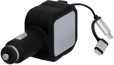 Cartrend dubbele USB autolader met uitschuifbare micro-USB kabel, zwart