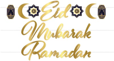 360 DEGREES - Eid Mubarak kartonnen slinger goud 182 cm en blauw