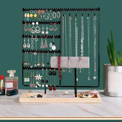 Famanu – Sieradenstandaard metaal en hout, 34 cm hoog, hangende organizer voor kettingen, armbanden, oorbellen en horloges, zwart