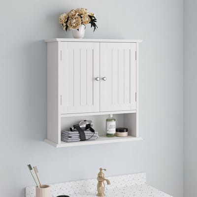 DESMIU Badkamerkast - Wandgemonteerd Met Dubbele Deuren En Verstelbare Planken - Voor Badkamer Keuken En Woonruimte - MDF - 54,6x19,8x59,9 Cm - Wit