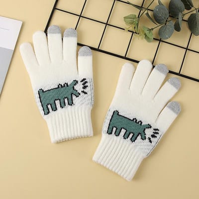 Herfst en Winter Dames Fietsen Touchscreen Koudebestendige Handschoenen Vijfvinger Gebreid Garen Warmte Verdikte Handschoenen Winddicht Leuke Handschoenen white