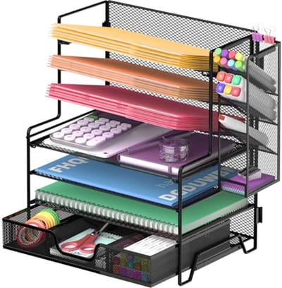 7-laags Bureau File Organizer met Pen Houder en Lades voor Kantoor en Thuis, Metalen Desktop Organizer in Zwart