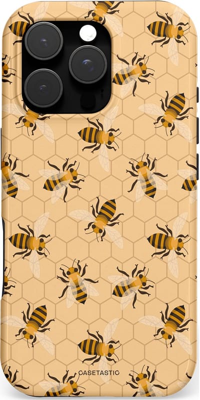 Casetastic hoesje geschikt voor Apple iPhone 16 Pro - MagSafe - Dubbellaagse bescherming - Zomer Bijen Look - Fashion Case - Beige Perzik