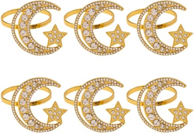 QTTVBTNA - 6 Stuks Servetringen - Maan en Ster Design - Metalen Tafeldecoratie voor Feestdagen - Festiviteiten Accessoires voor Suikerfeest, Ramadan & Speciale Gelegenheden - Goud