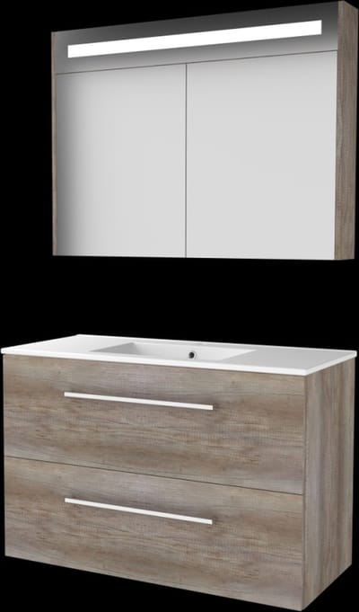 Basic Premium 46 badmeubelset met spiegelkast met geïntegreerde LED verlichting, wastafelonderkast met grepen, 2 lades en porseleinen wastafel met 1