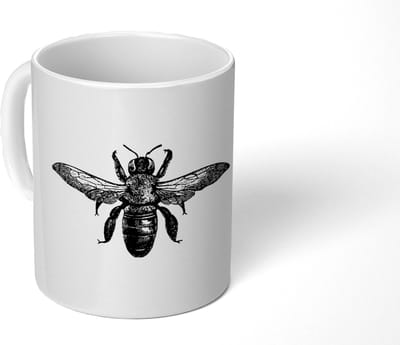 Mok - Koffiemok - Bij - Insect - Vintage - Zwart wit - Mokken - 350 ML - Beker - Koffiemokken - Theemok